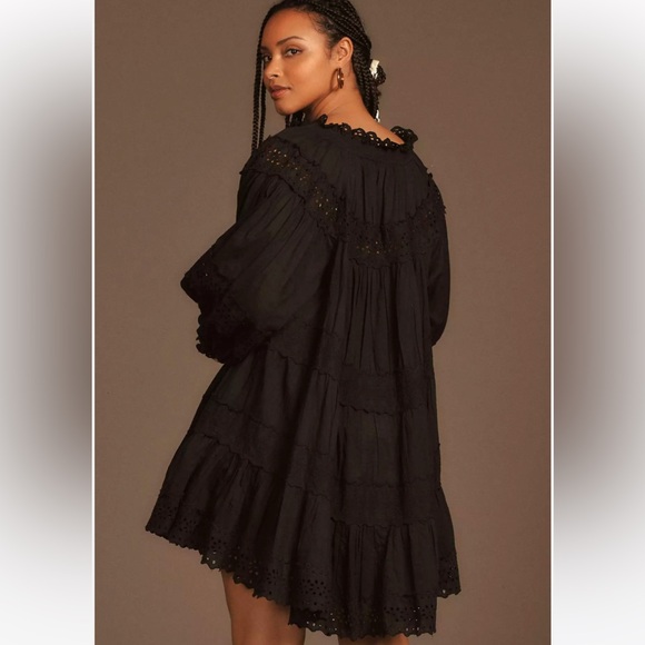 Anthropologie Maeve Long-Sleeve Lace Mini Dress Black Eyelet Babydoll sz Medium - Picture 2 of 7